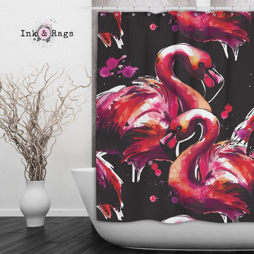 Hot Pink Watercolor Flamingo Shower Curtains and Optional Bath Mats