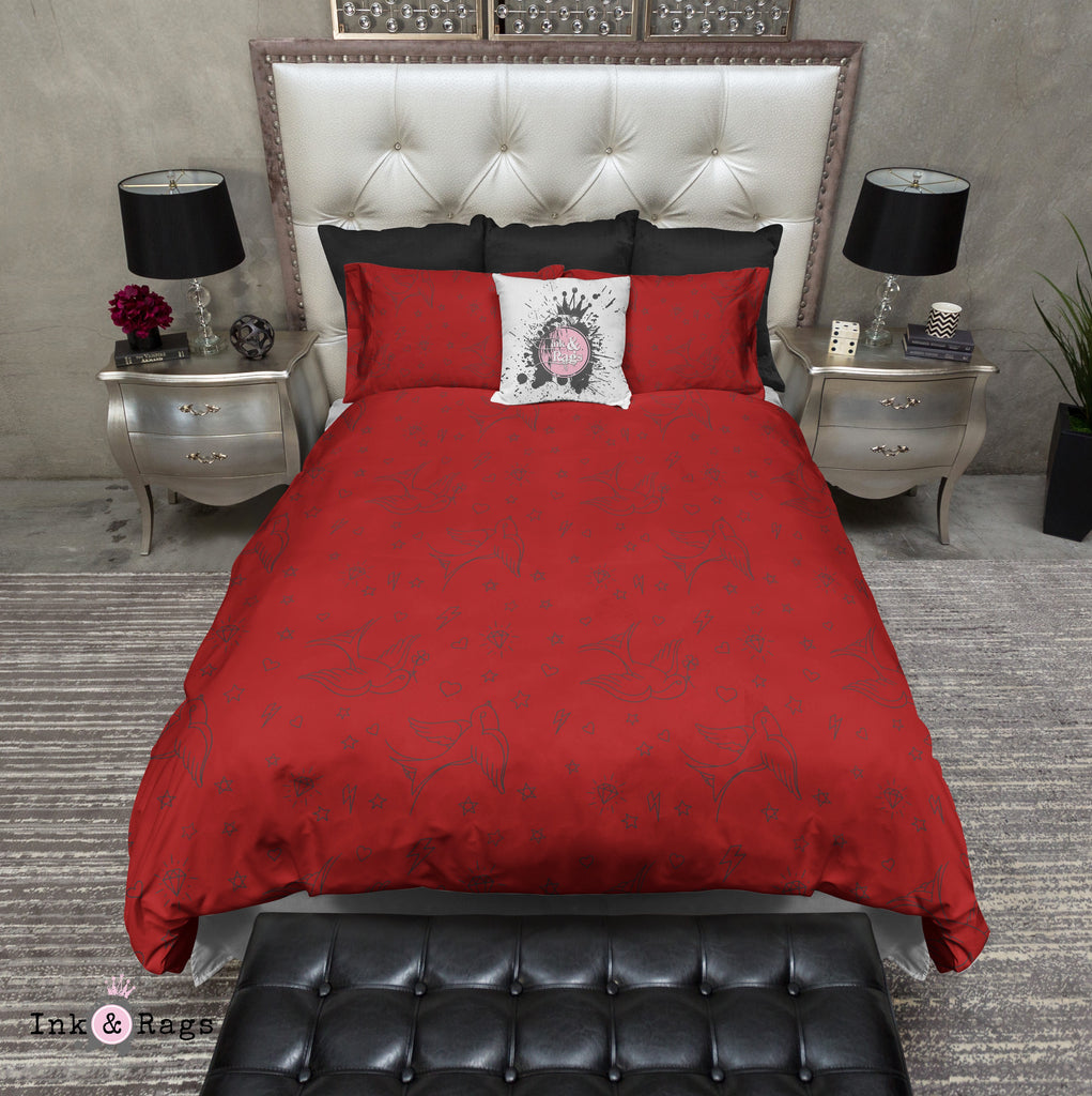 Red and Black Rockabilly Tattoo Style Swallow Bedding Collection