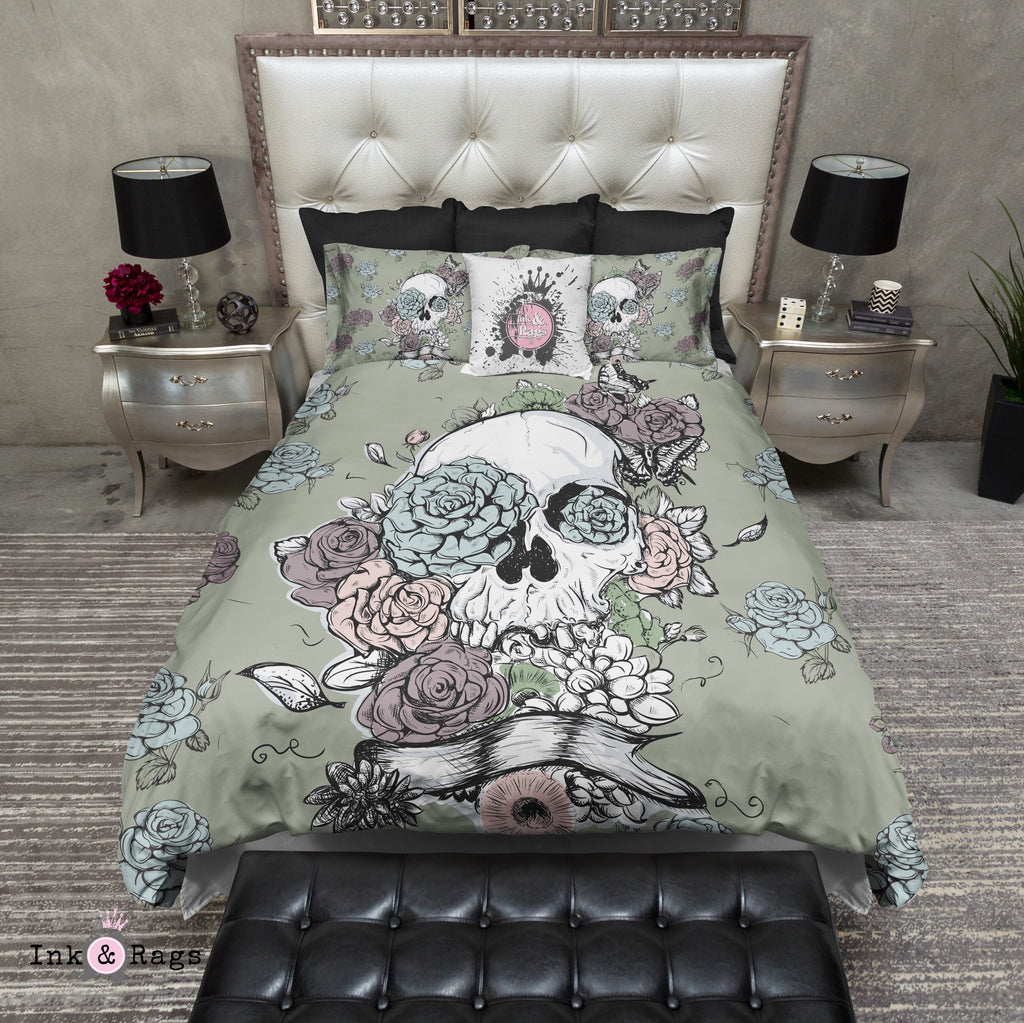 Sage Green Skull and Rose Bedding Collection