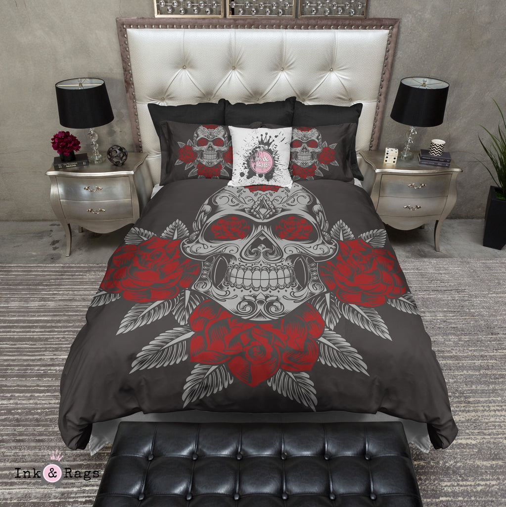 Grey Skull and Red Roses on Slate Bedding Collection