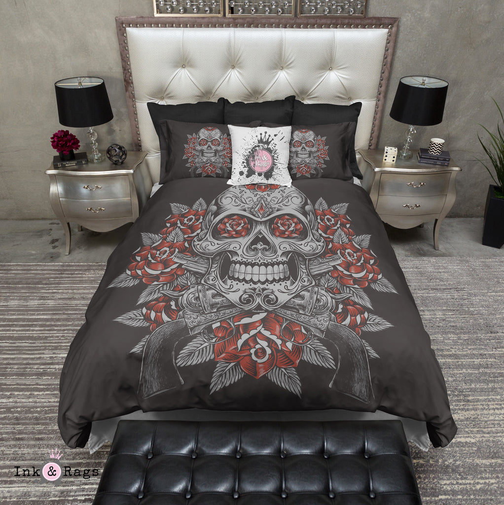 Grey Sugar Skull with Red Roses and Pistols Bedding Collection