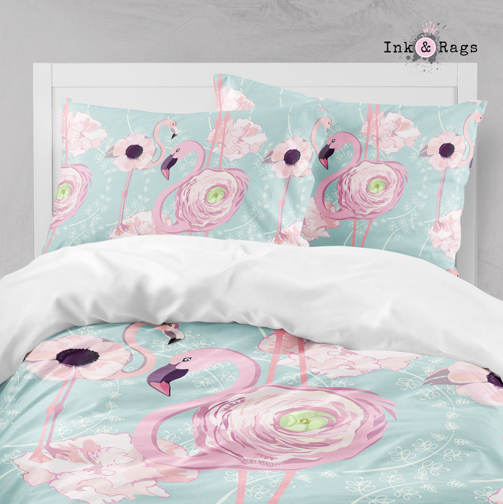 Pink Flower Flamingos on Blue Big Kids Bedding