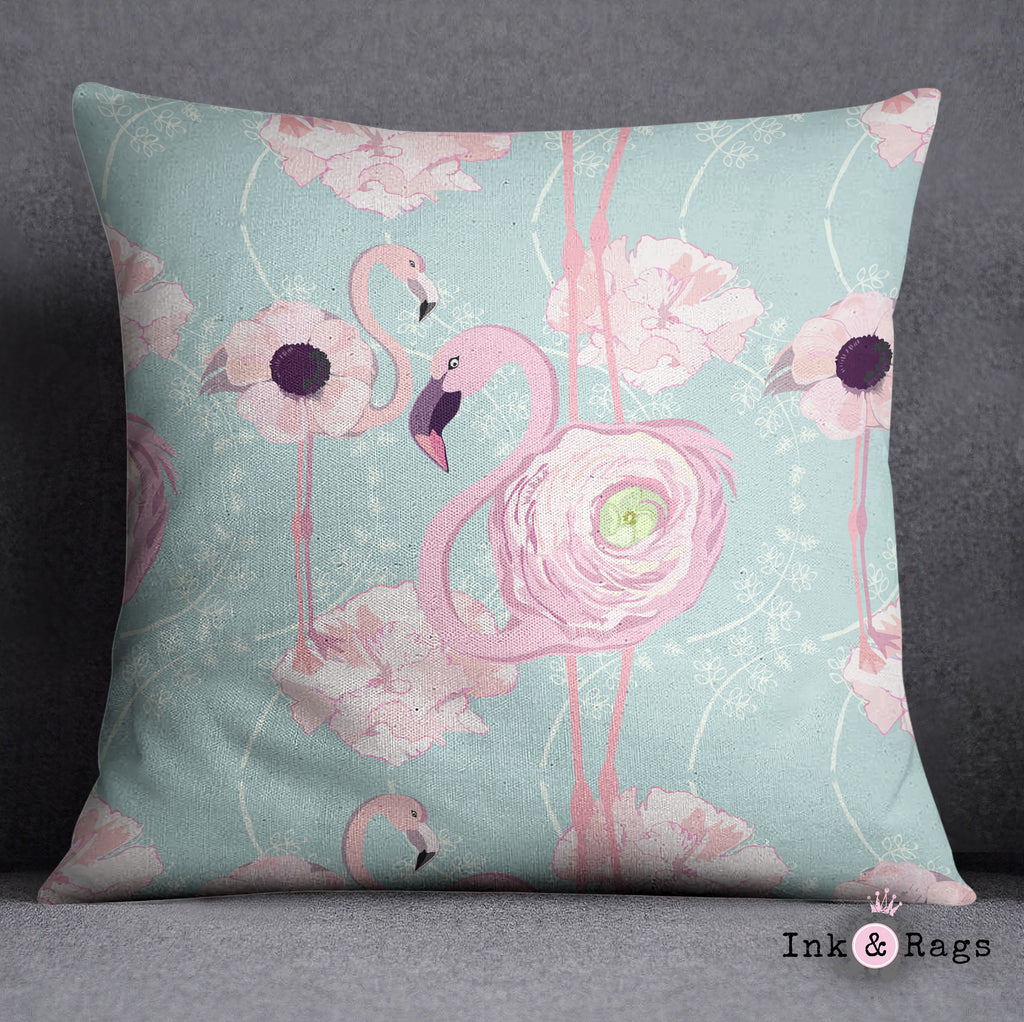 Pink Flower Flamingos on Blue Throw Pillow