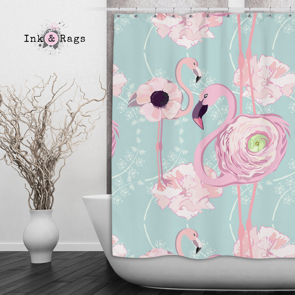Pink Flower Flamingos on Blue Shower Curtains and Optional Bath Mats