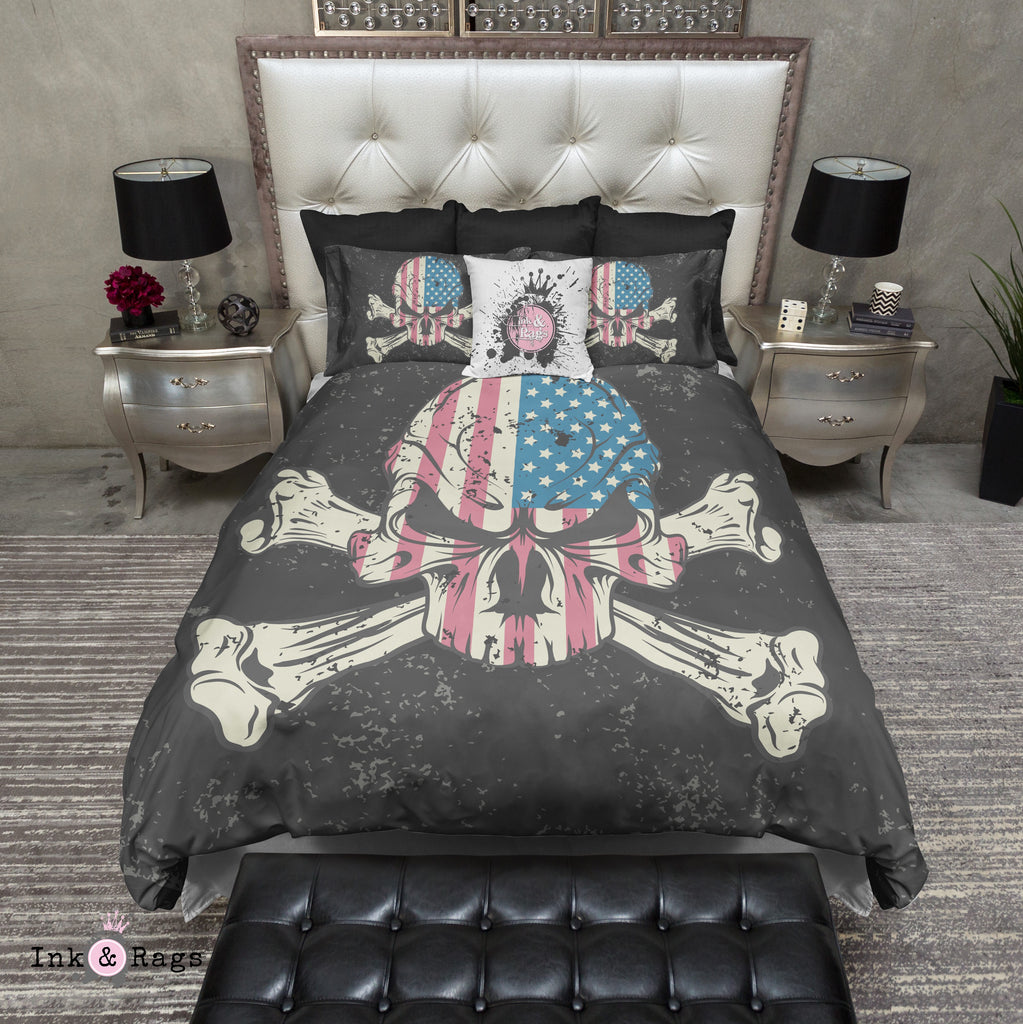 American Made Skull and Crossbone American Flag Skull Bedding Collection