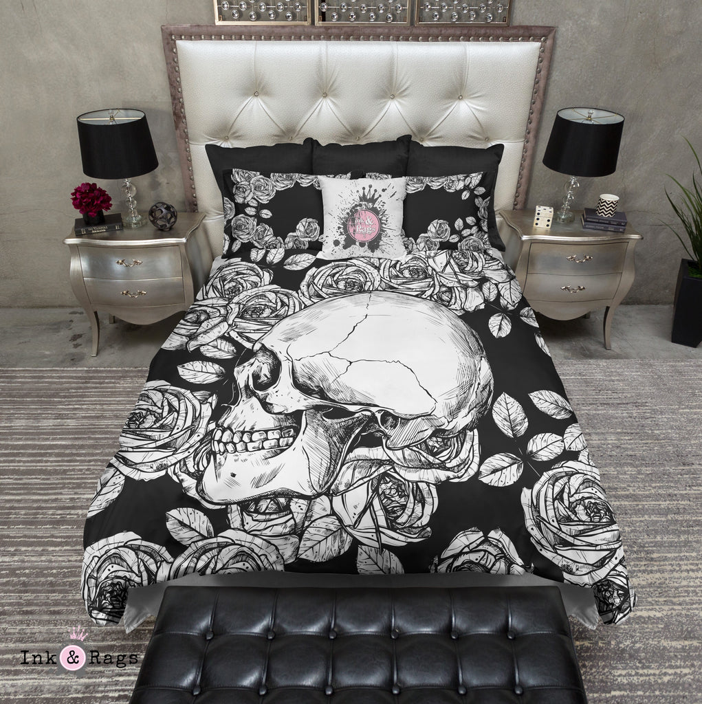 Black and White Skull and Rose Bedding Collection