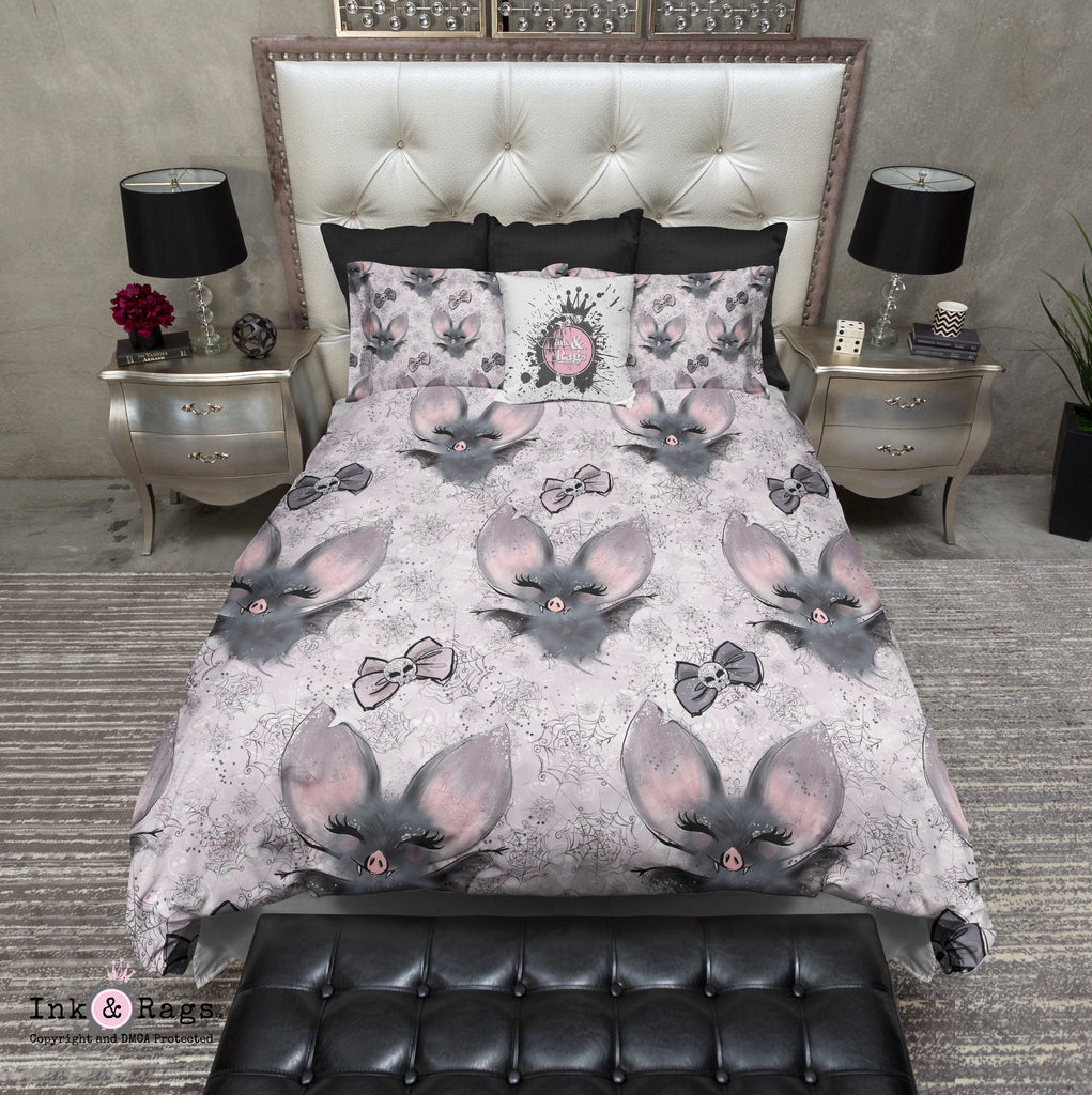 Little Bats and Bows with Spider Webs and Skulls Bedding Collection