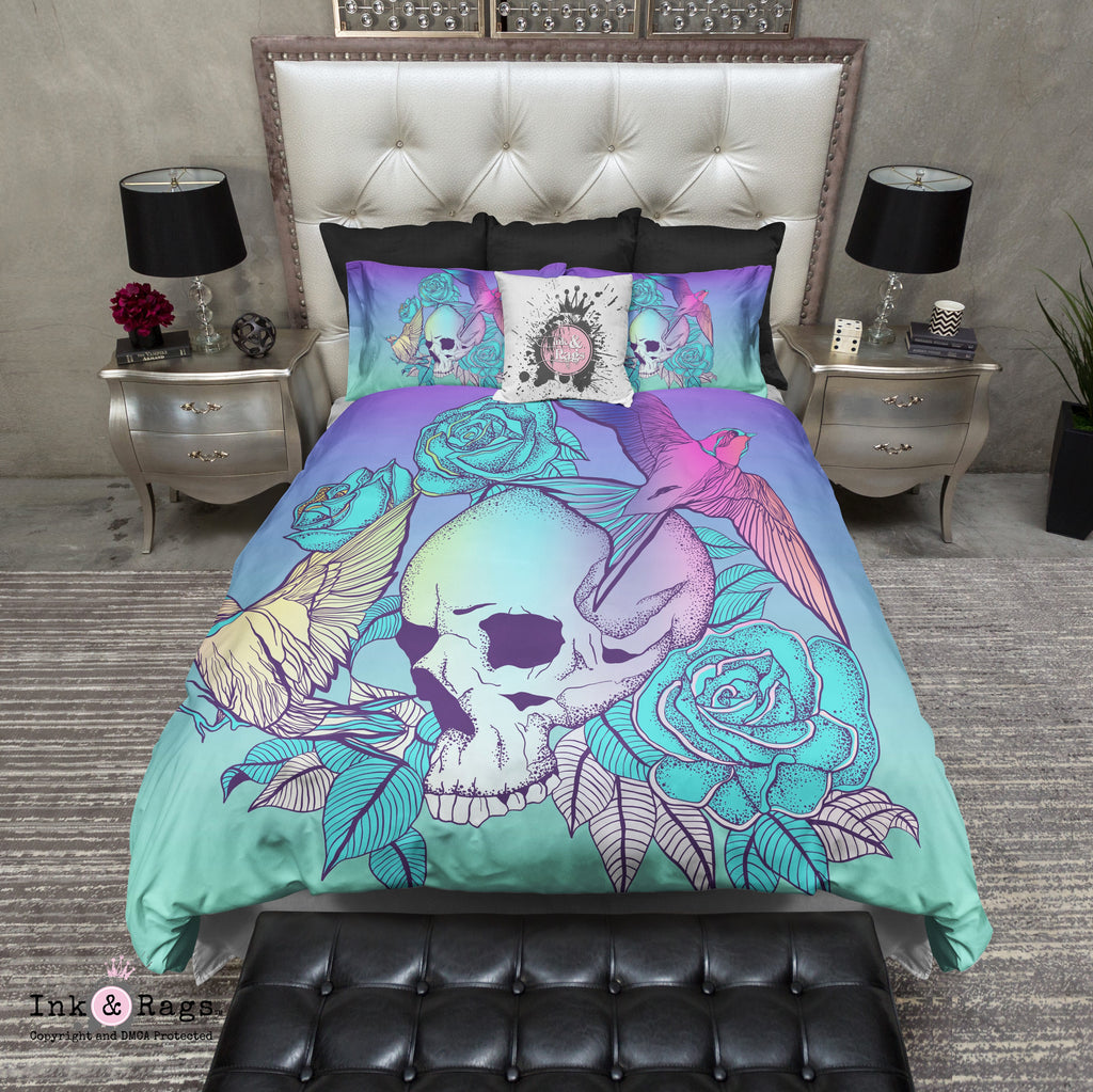 Purple Turquoise Ombre Skull Rose and Swallows Bedding Collection