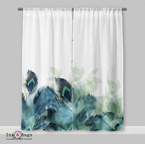 IN STOCK SAMPLE PEACOCK FEATHER AND LEAF MOTIF CURTAINS - 70 x 84 BLACKOUT