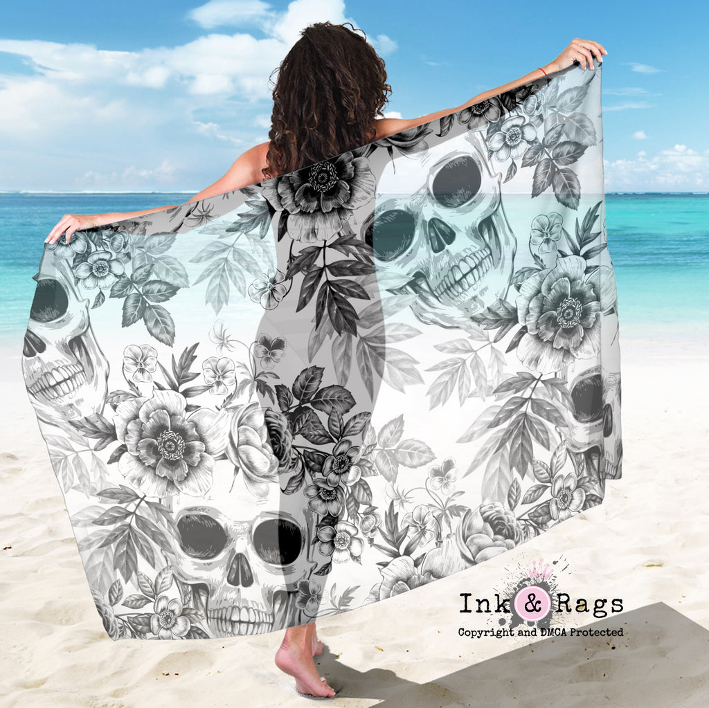 Large Sheer Blackprint on White Skull and Flower Scarf, Sarong, Shawl