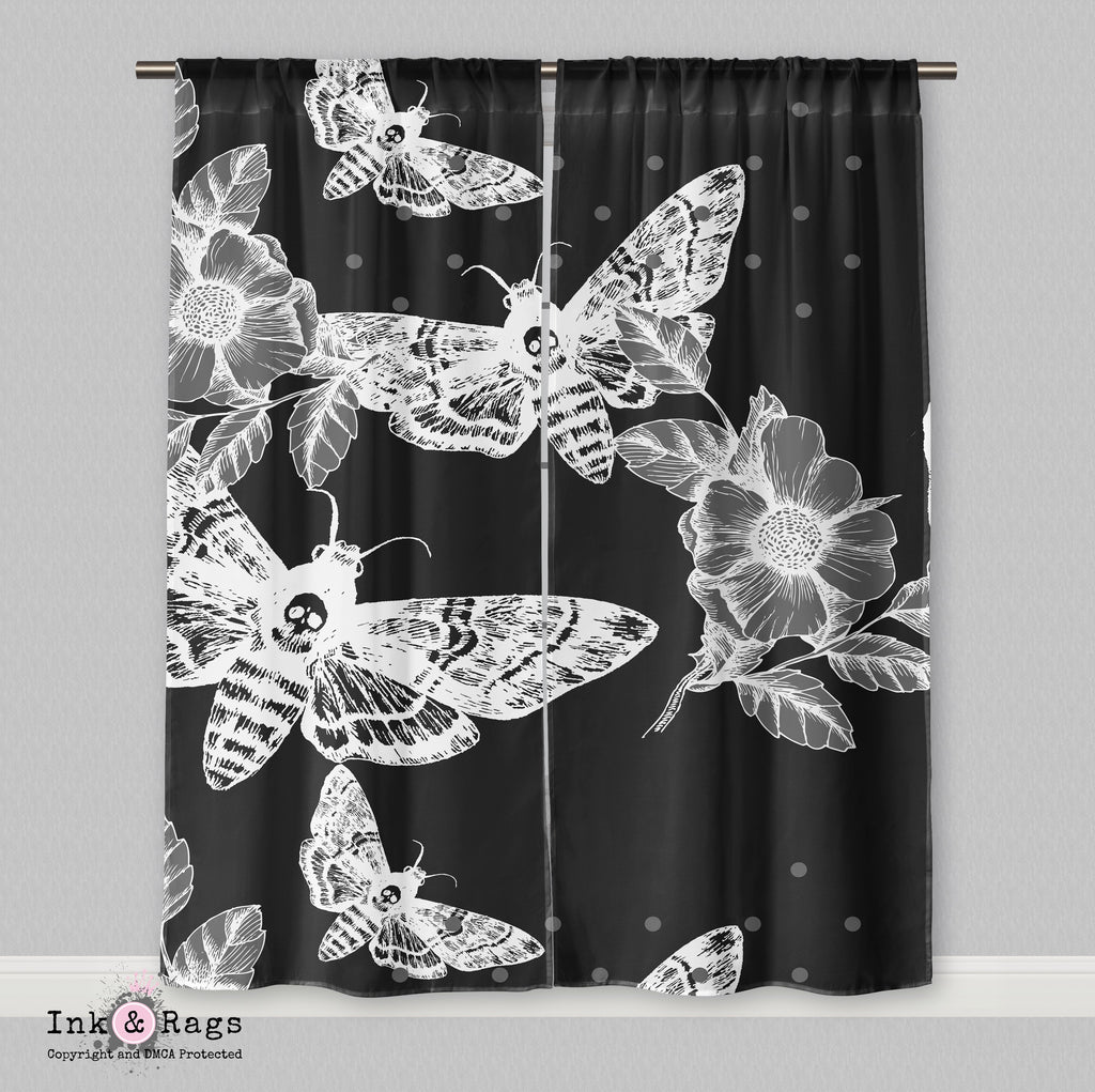 White on Black Death Moth and Flower Curtains