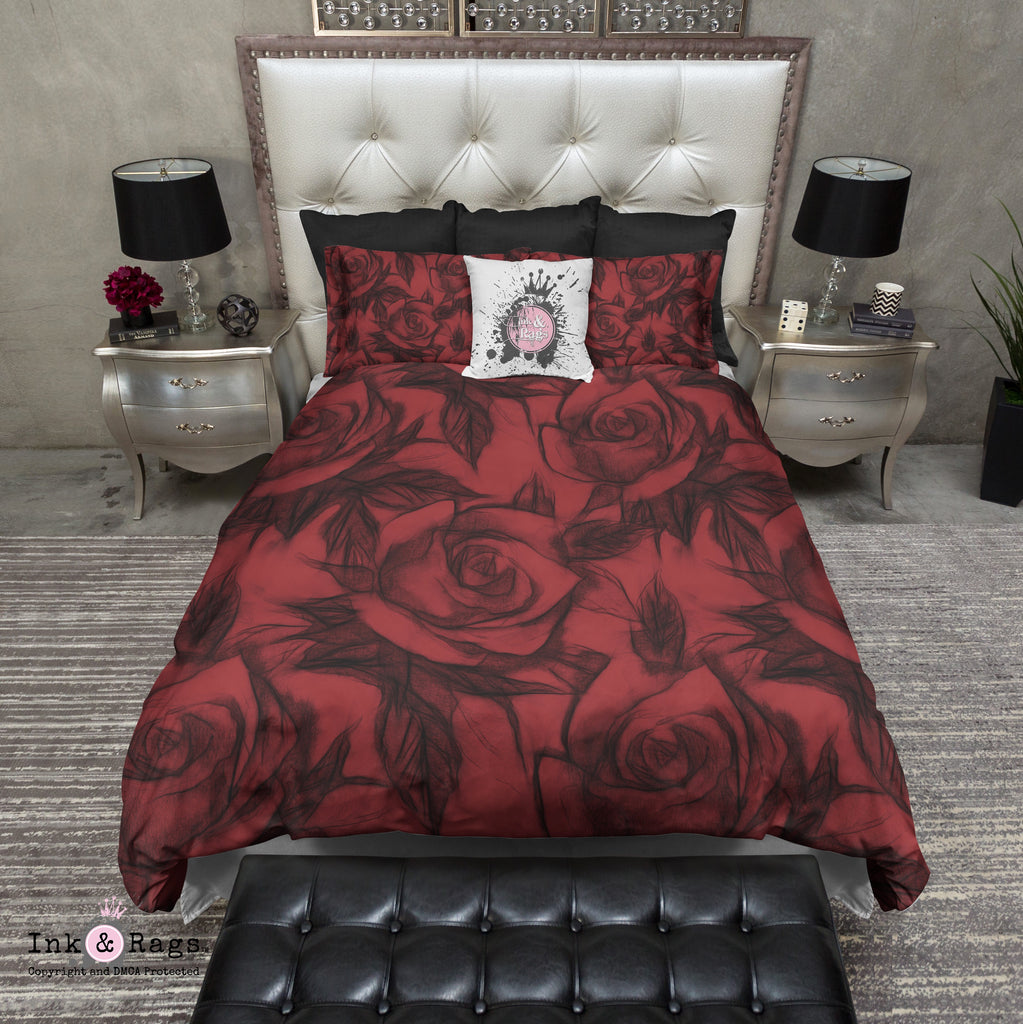 Black and Red Pencil Sketch Rose Bedding Collection