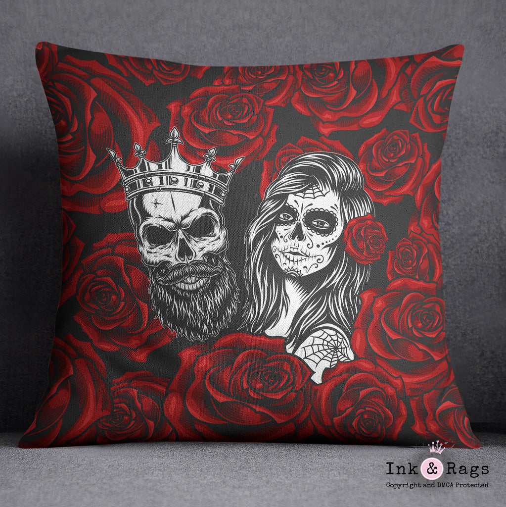 Day of the Dead Red Rose King and Queen Sugar Skull Throw Pillow