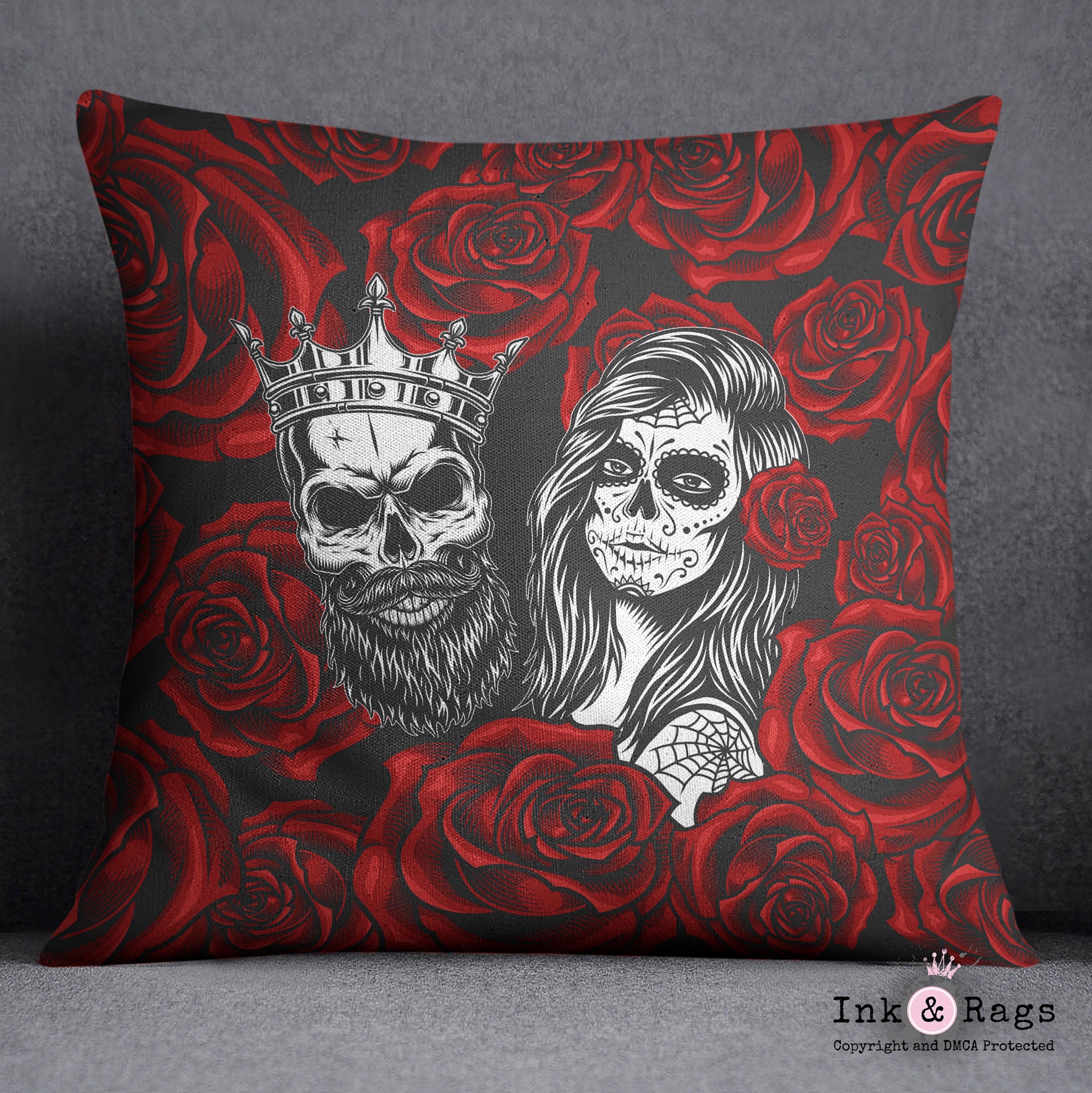 Day of the Dead Red Rose King and Queen Sugar Skull Throw Pillow Ink and Rags