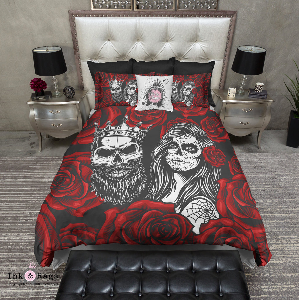 Day of the Dead Red Rose King and Queen Sugar Skull Bedding Collection