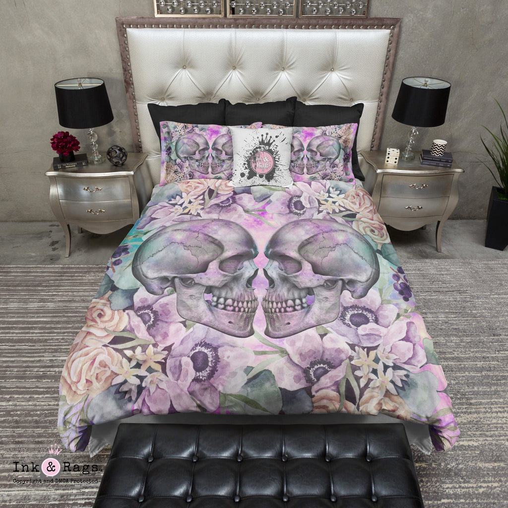 Galaxy Kissing Skulls and Flowers Bedding Collection