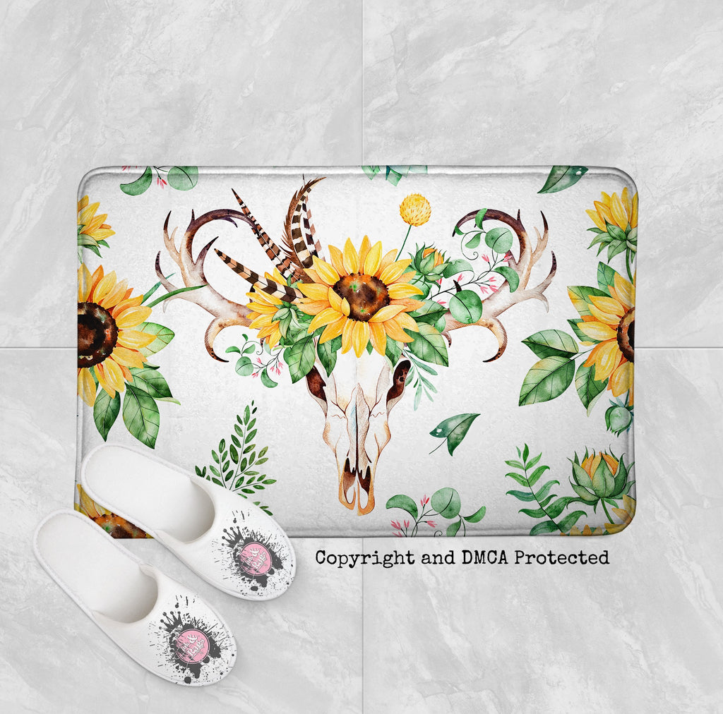 Sunflower and Deer Skull on White Shower Curtains and Optional Bath Mats