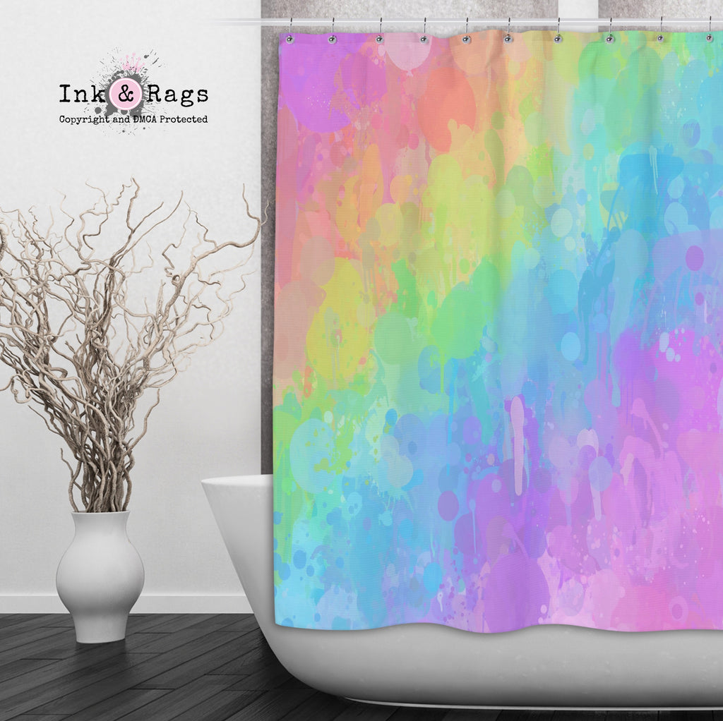 Rainbow Paint Splatter Shower Curtains and Optional Bath Mats