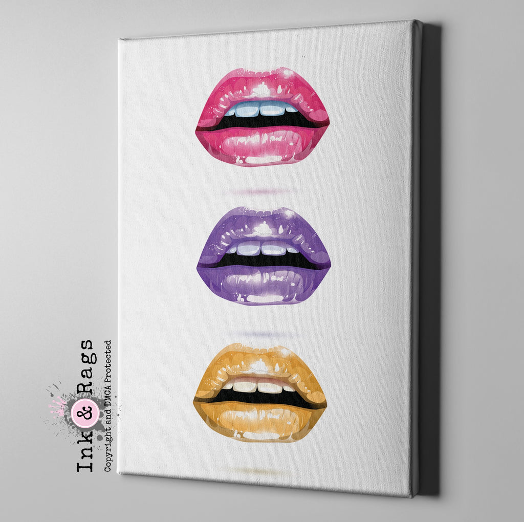 Lips Trio Pink Purple and Gold Lips Gallery Wrapped Canvas