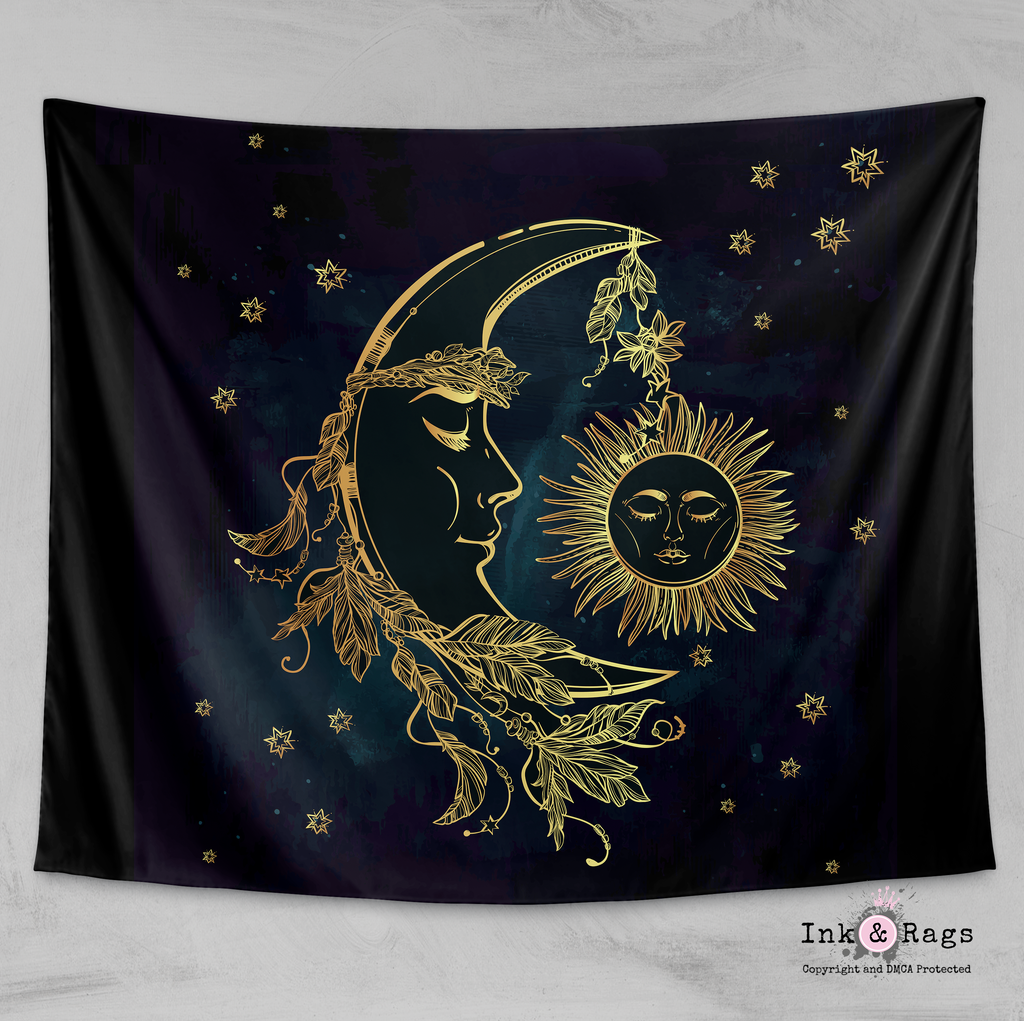 Boho Midnight Black and Teal with Gold Sun Moon and Stars Wall Tapestry