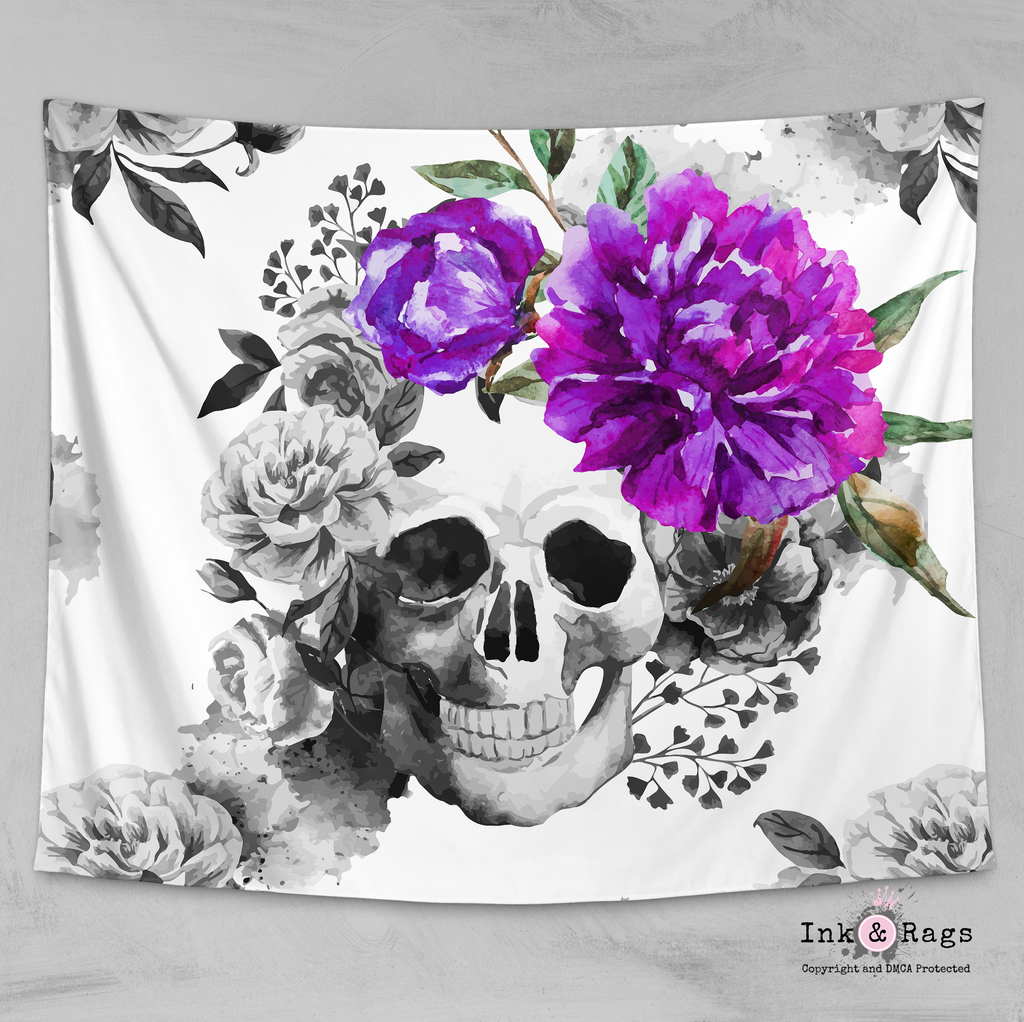 Purple Flower Watercolor Skull Wall Tapestry