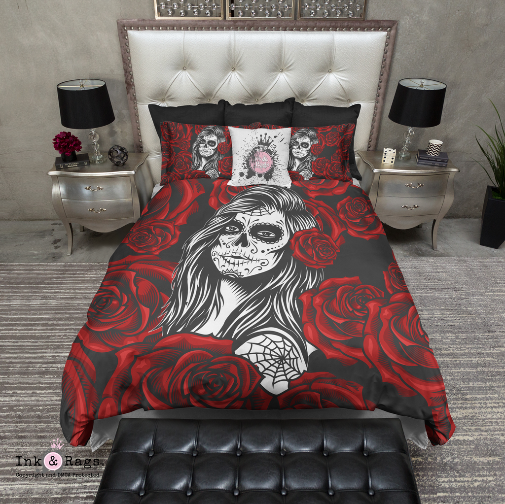 Day of the Dead Red Rose Painted Lady Sugar Skull Bedding Collection