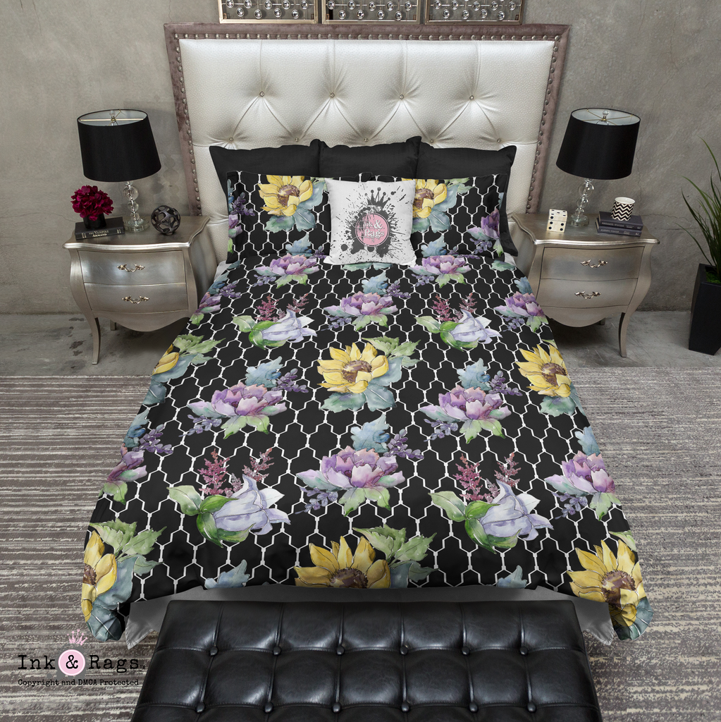 Purple Peony and Golden Sunflower Geometric Bedding Collection