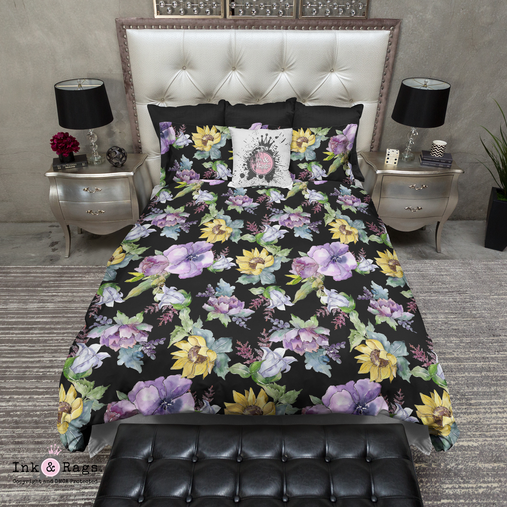 Purple Peony and Golden Sunflower on Black Bedding Collection