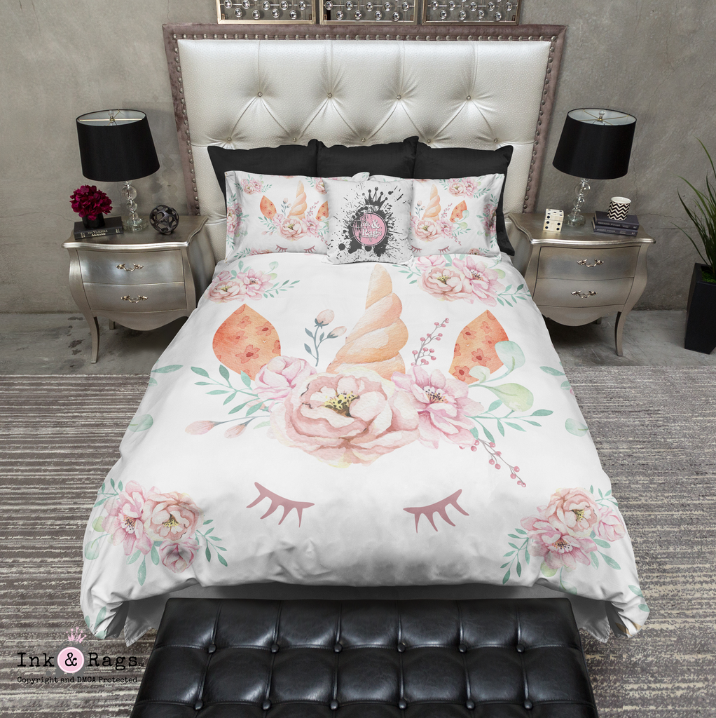 Be a Unicorn Watercolor Unicorn Face and Rose Bedding Collection