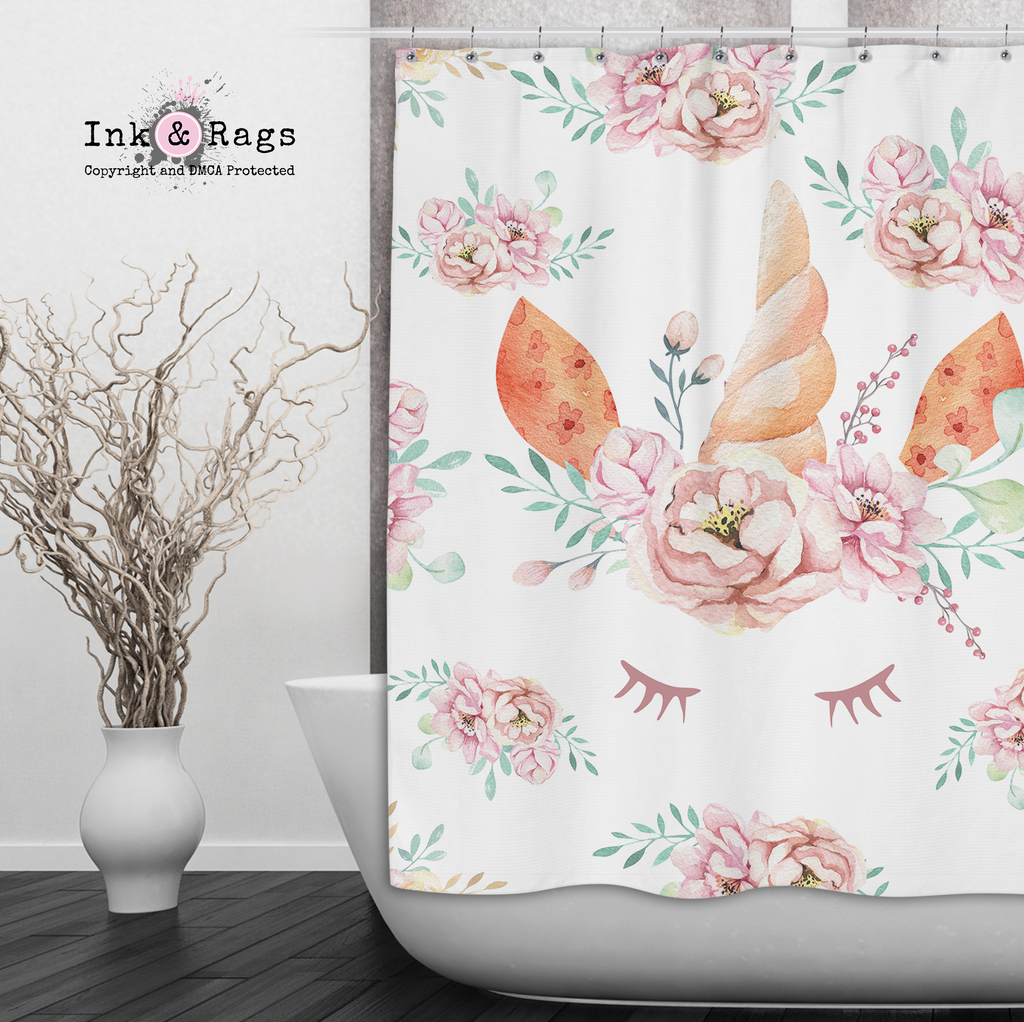 Be a Unicorn Watercolor Unicorn and Rose Shower Curtains and Optional Bath Mats