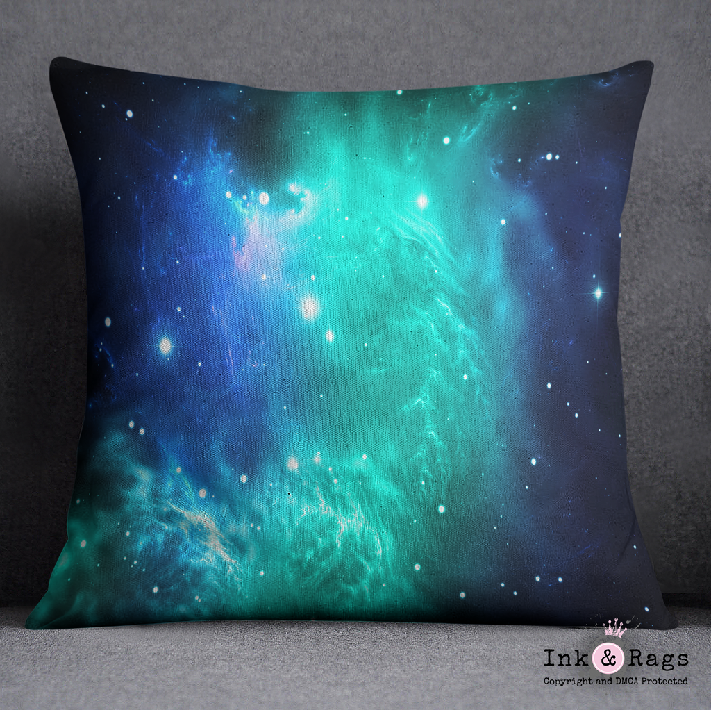 Teal and Blue Galaxy Nebula Throw Pillow