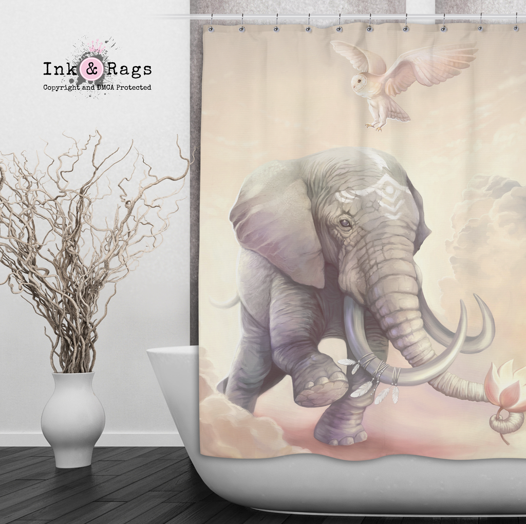Boho Elephant Owl and Lotus Shower Curtains and Optional Bath Mats