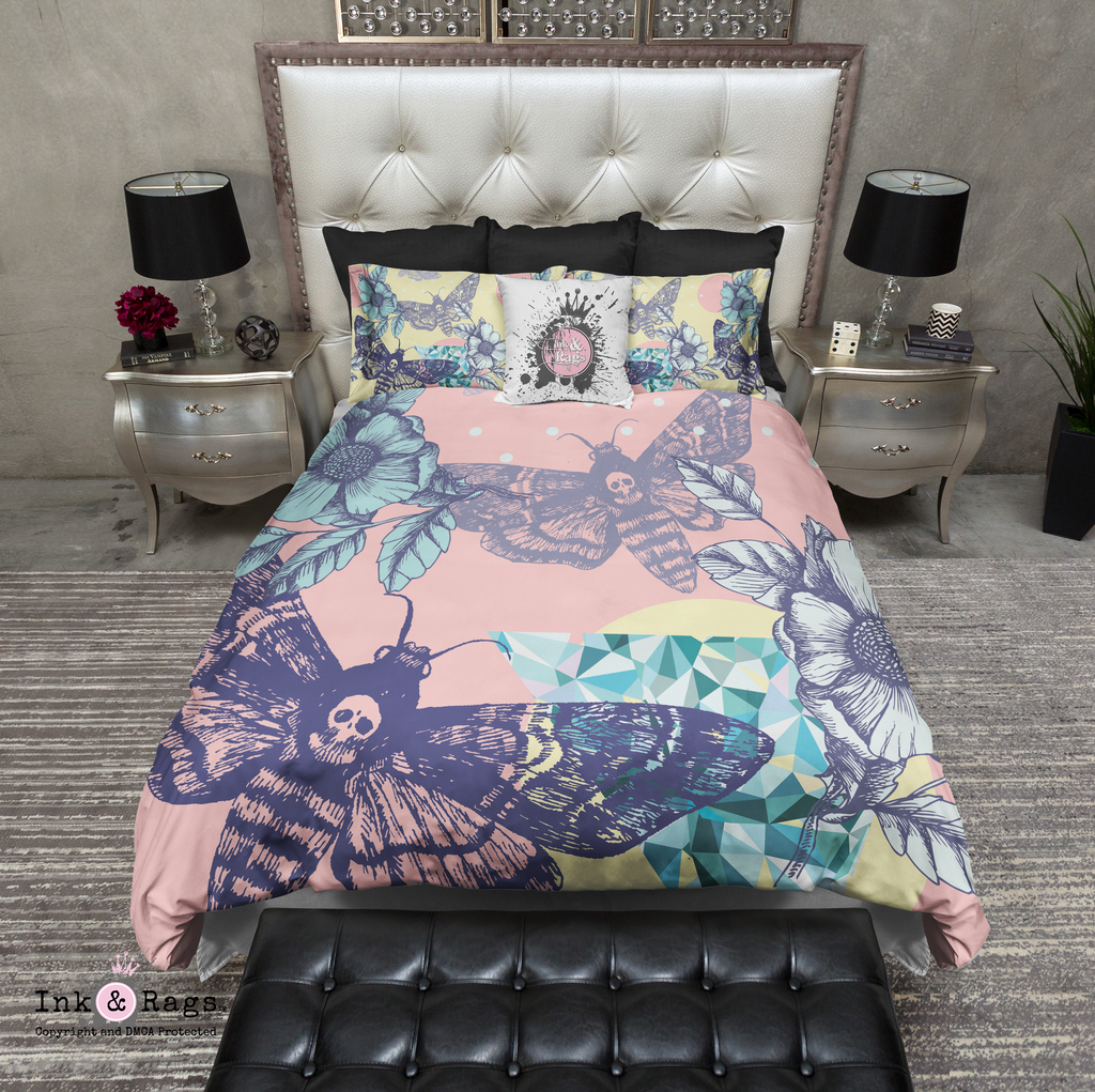 Pink and Yellow Death Moth Skull Bedding Collection