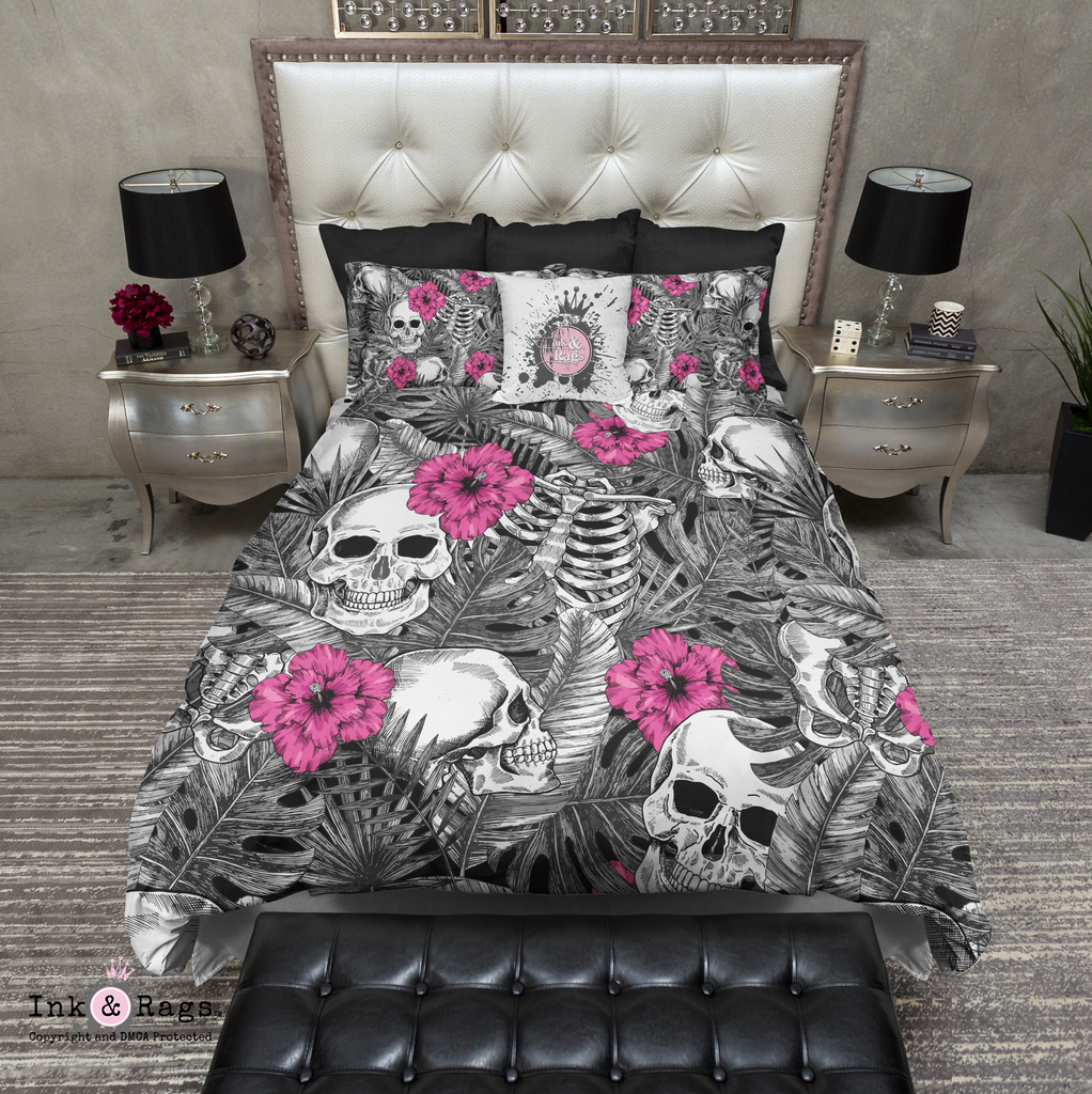 Skulls Ribcage Palms and Bright Pink Hibiscus Flower Bedding Collection