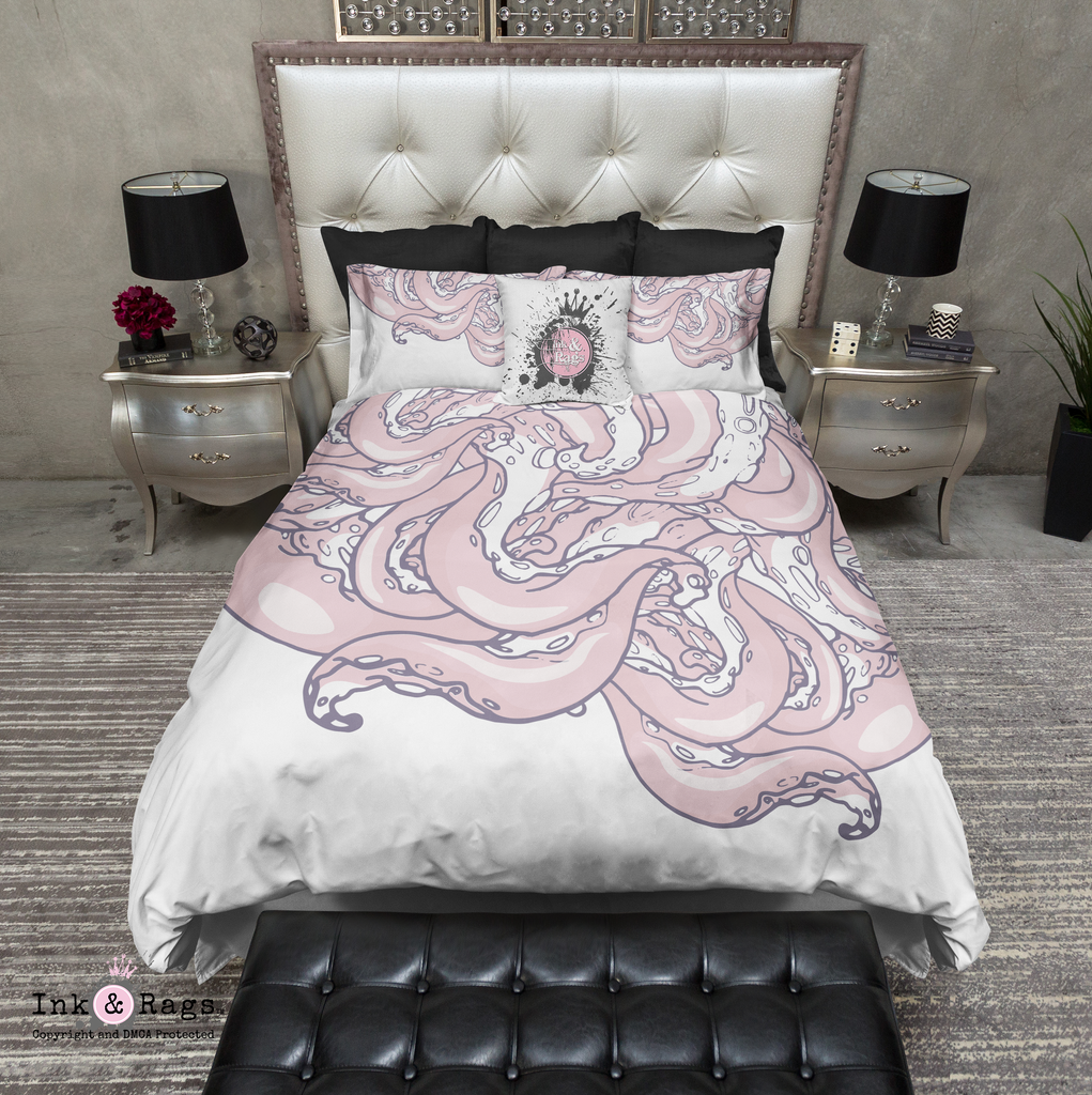 Pink Octopus Tentacles on White Bedding Collection