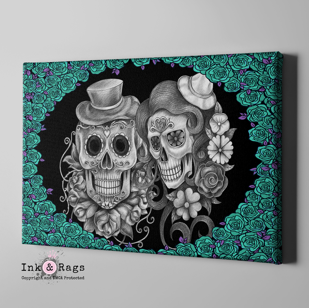Teal and Purple Sketch Sugar Skull Couple Gallery Wrapped Canvas