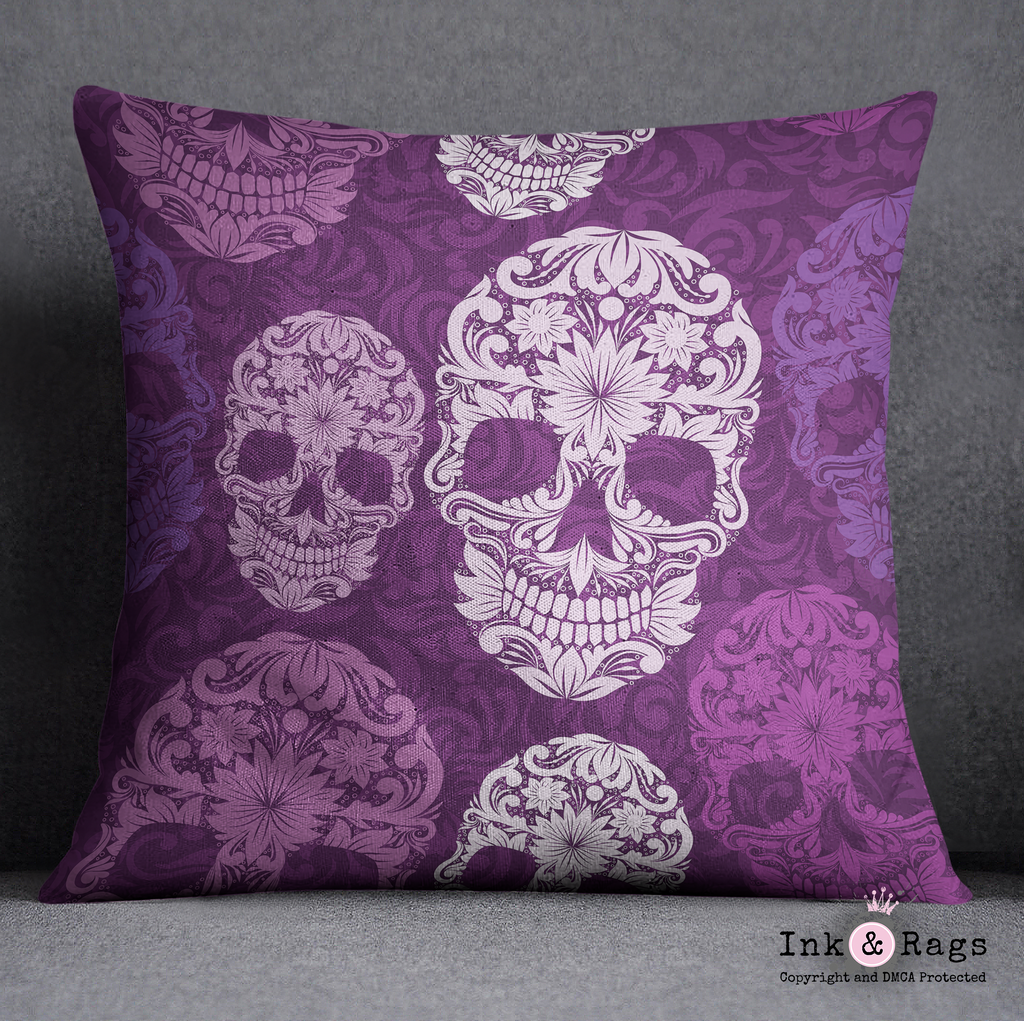Purple Scroll Sugar Skull Throw Pillow