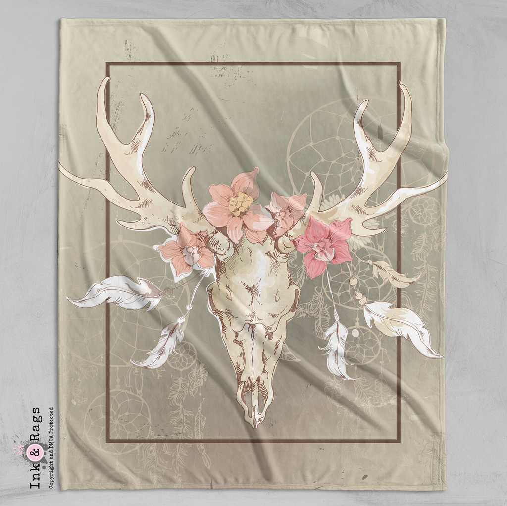 Dreamcatcher Floral Buck Skull Decorative Throw and Pillow Cover Set