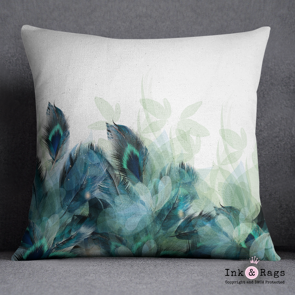 Peacock Feather and Leaf Motif Throw Pillow
