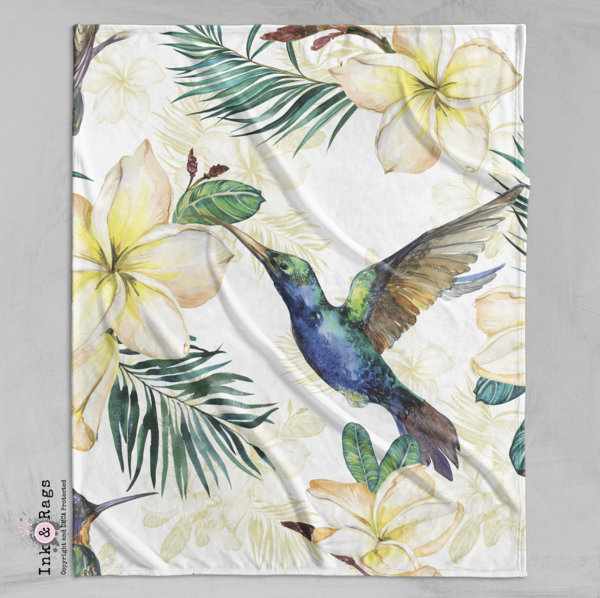 Watercolor Plumeria and Hummingbird Decorative Throw and Pillow Cover Set