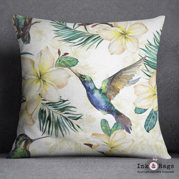 Watercolor Plumeria and Hummingbird Throw Pillow