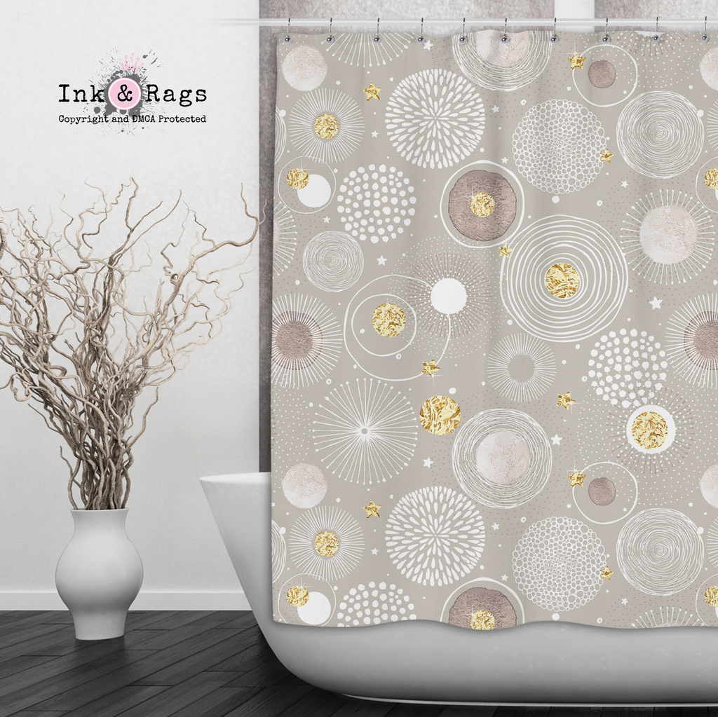 Modern Blooms in Beige and Gold Shower Curtains and Optional Bath Mats