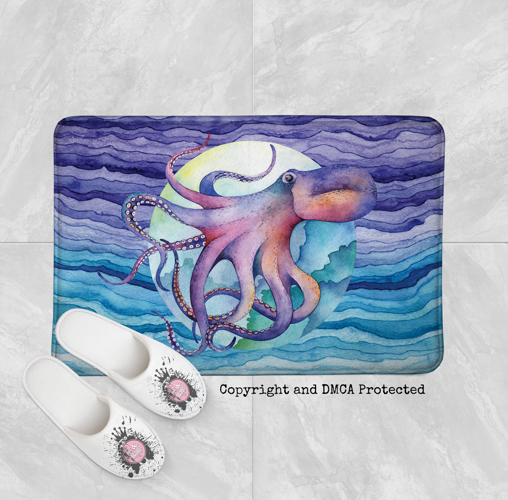 Luna Watercolor Octopus Wave Shower Curtains and Optional Bath Mats