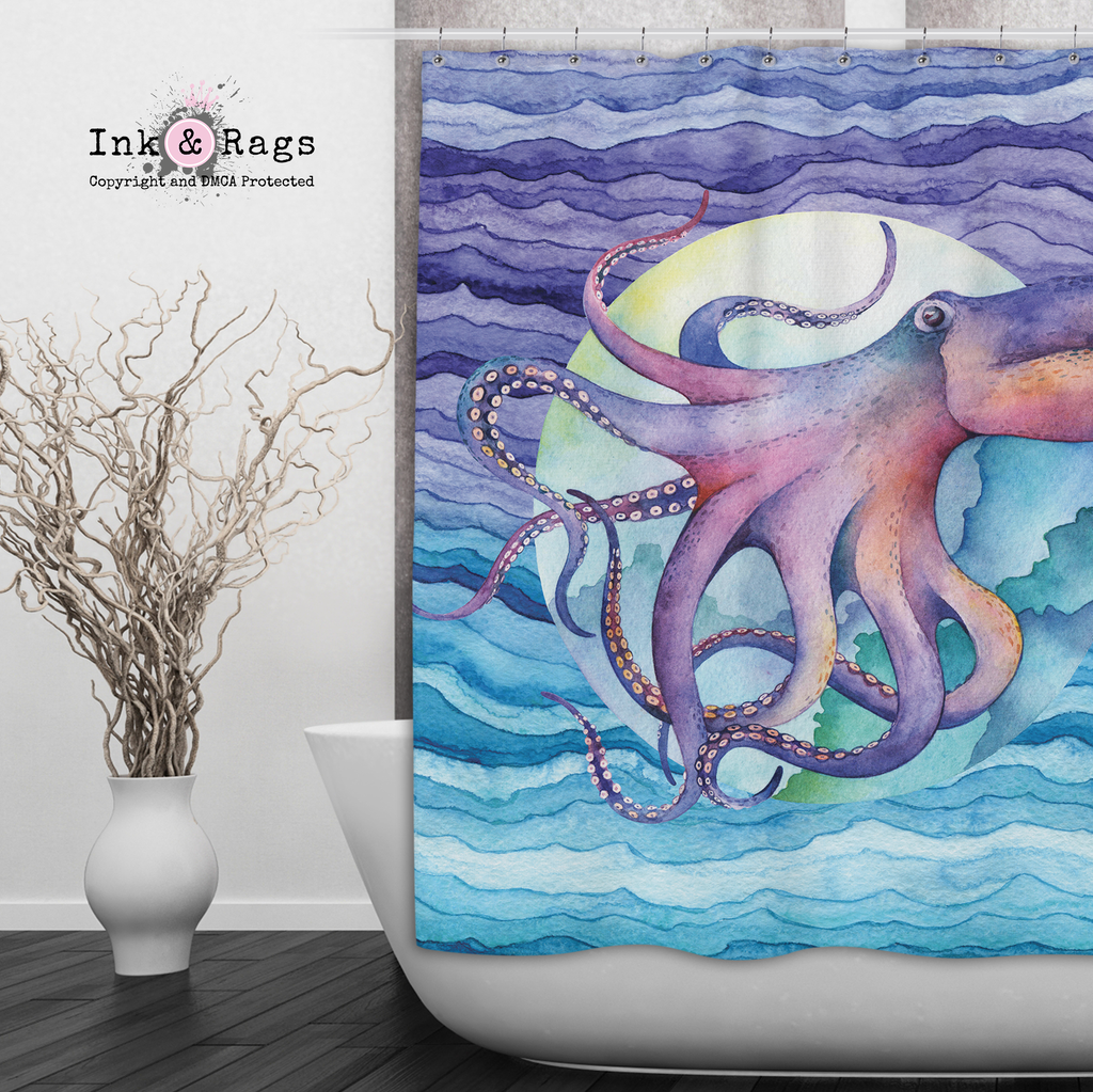 Luna Watercolor Octopus Wave Shower Curtains and Optional Bath Mats