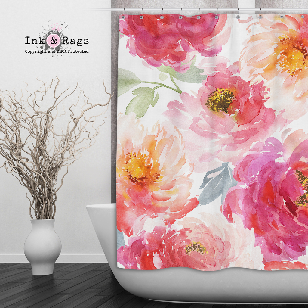 Watercolor Peonies in Bloom Shower Curtains and Optional Bath Mats