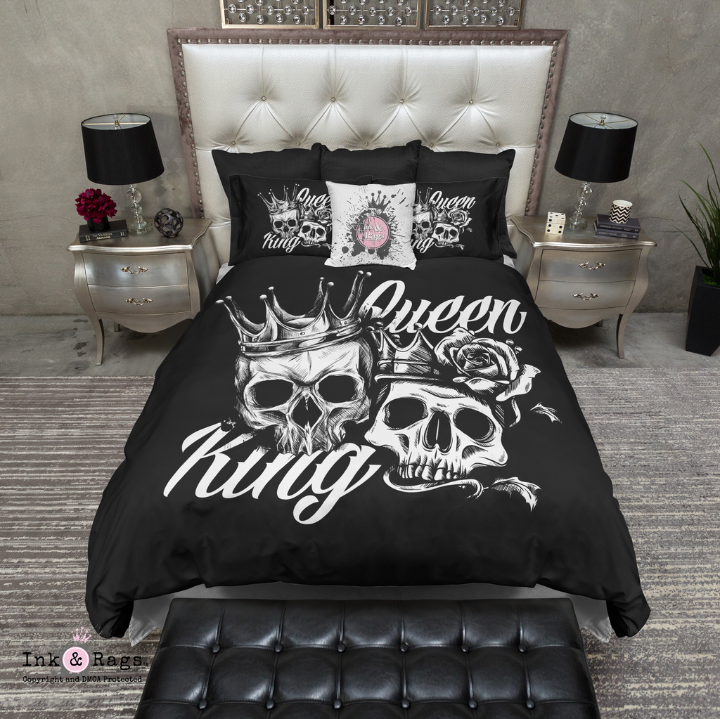 King and Queen Black and White Skull Bedding Collection