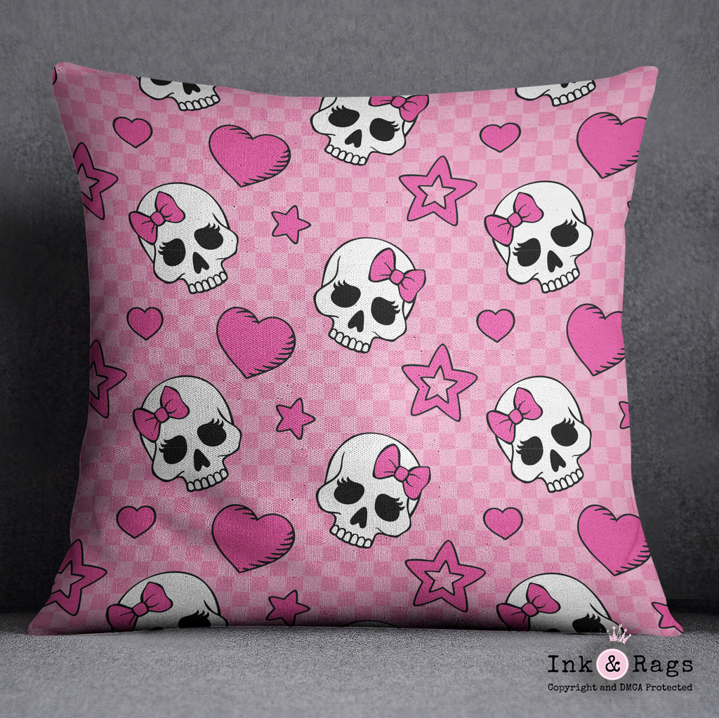 Pink Checkered Candy Skull Throw Pillow