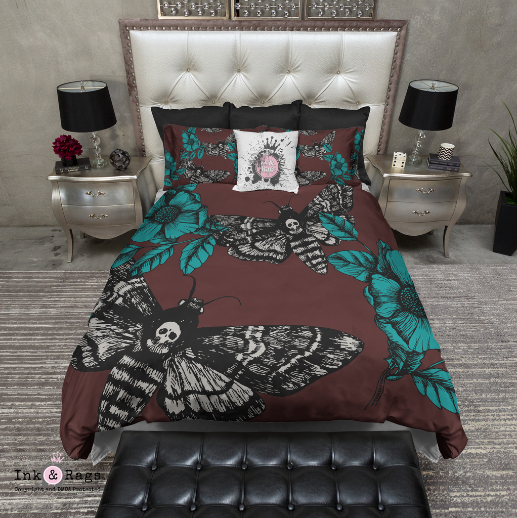 Red Teal and Beige Death Moth Skull Bedding Collection