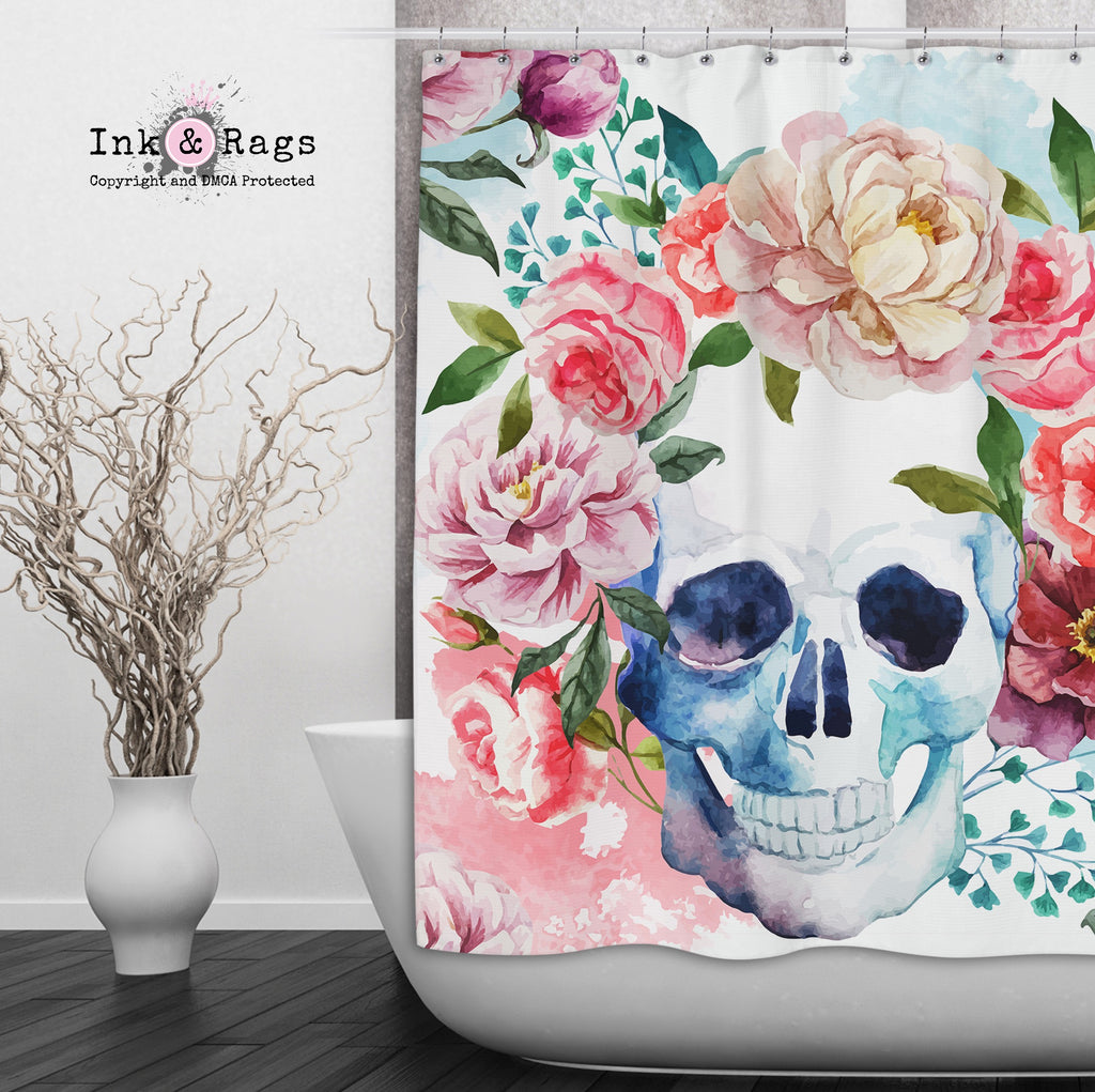 Springtime Watercolor Flower Skull Shower Curtains and Optional Bath Mats