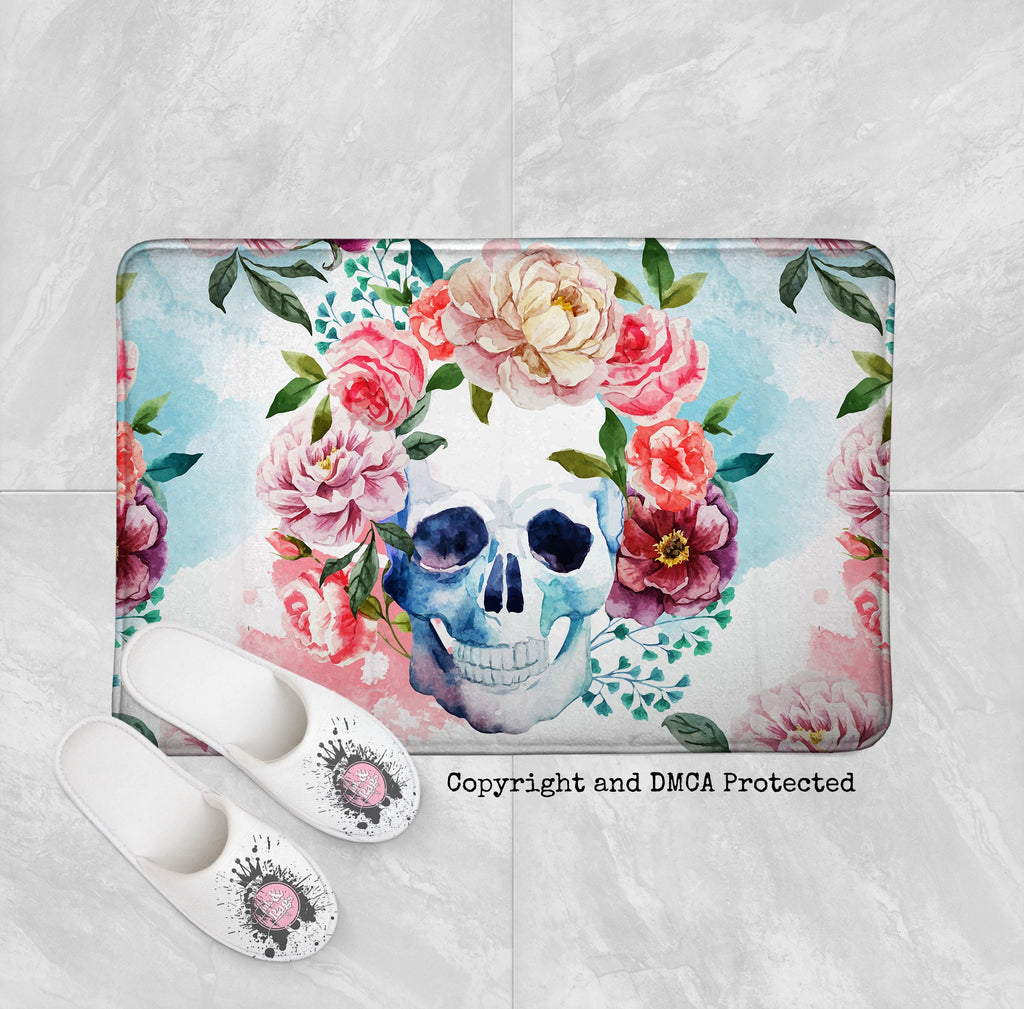 Springtime Watercolor Flower Skull Shower Curtains and Optional Bath Mats